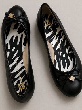 NWOT Anne Klein Black Leather Ballet Flats Bow Detail Size 38.5
